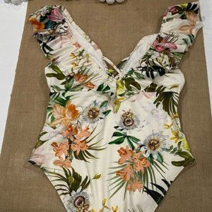 H&M Floral One-Piece Off the Shoulder Swimsuit Sz Small Lace Up Front NWOT